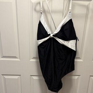 Black and White One-Piece Swimsuit with Twist Front